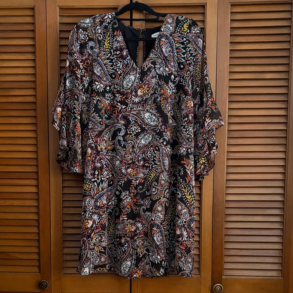 Calvin Klein Black and Red Paisley Long Sleeve Dress